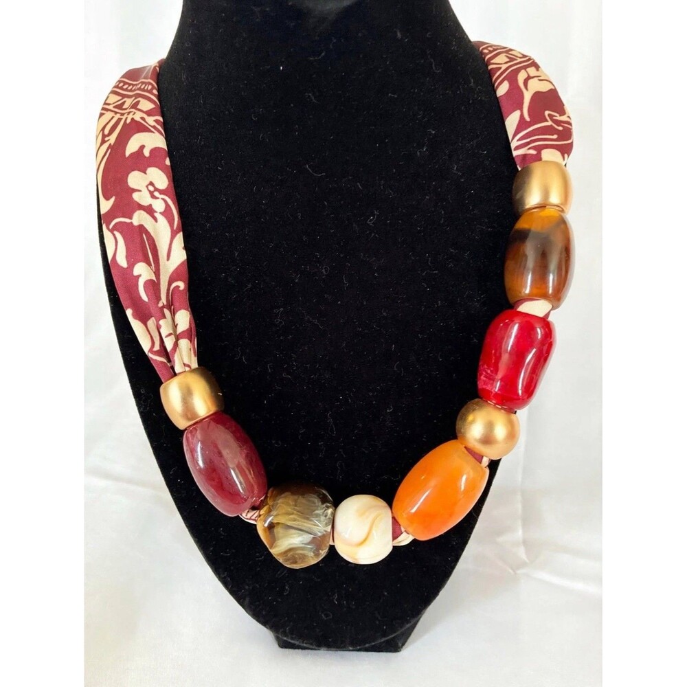 Burgundy Bandana Scarf Necklace with Chunky Resin Beads and Gold Beads, NWOT
